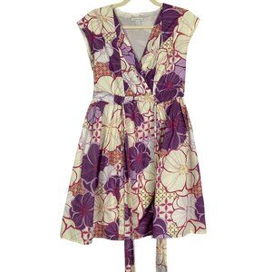 Garnet Hill Purple White Floral Geometric Faux Wrap Midi Dress Size 6 V-Neck Tie